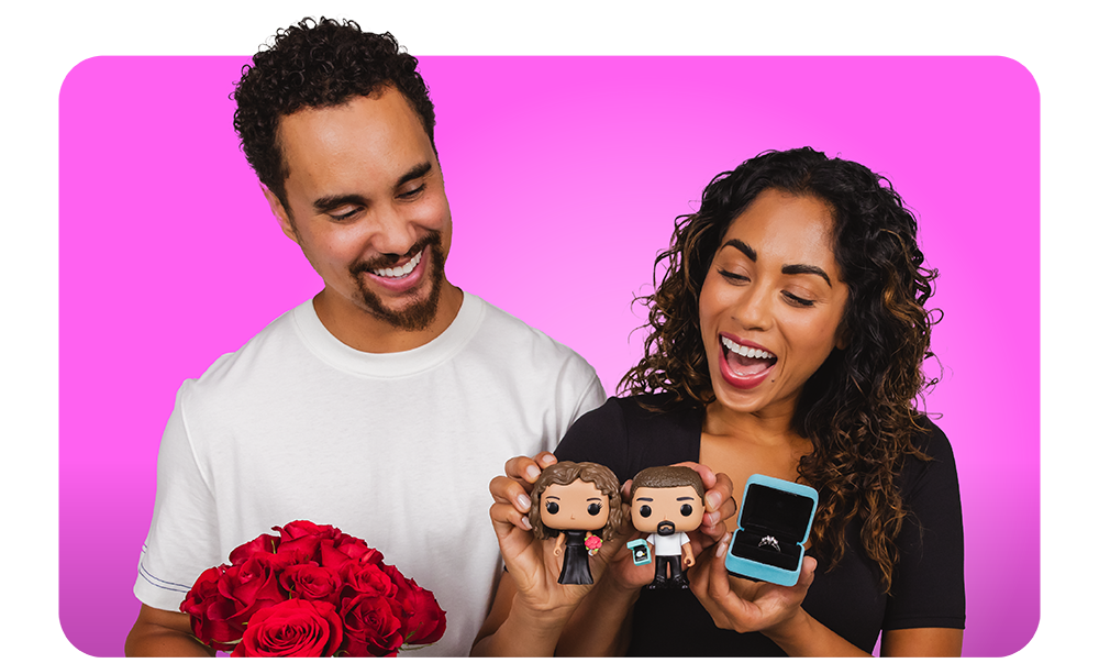 Pink rectangle background featuring a couple holding a ring box and flowers with custom Funko POP! vinyl figures holding the same accessories